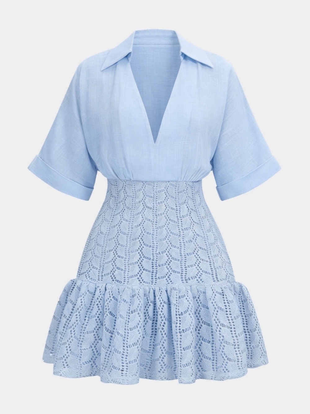 Light Blue Lace-Panel Collared Mini Dress